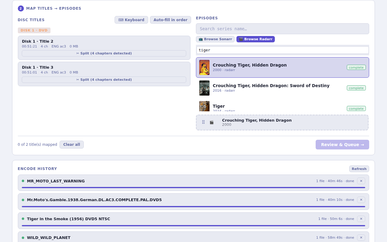 Title mapping: completed drag-and-drop assignment with Review & Queue active